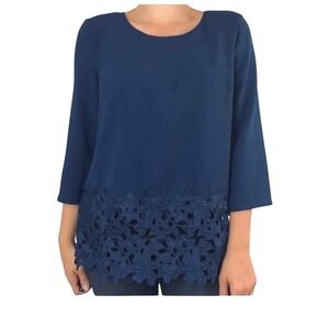 Lucy Laurel Navy Blue Floral Lace Trim 3/4 Sleeve Top Women's Size S‎